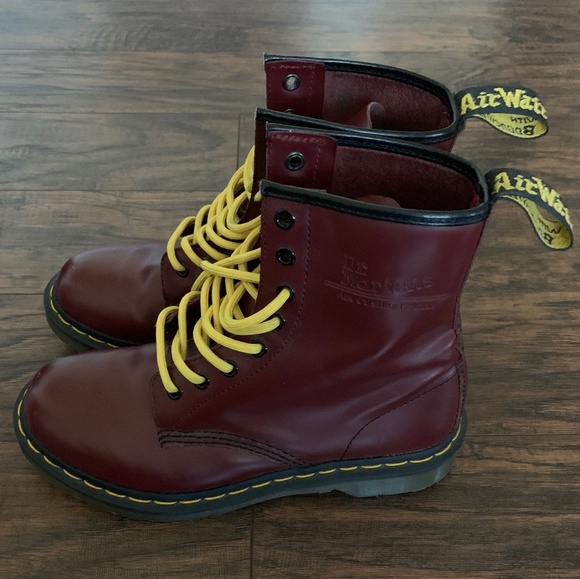 cherry red doc martens yellow laces